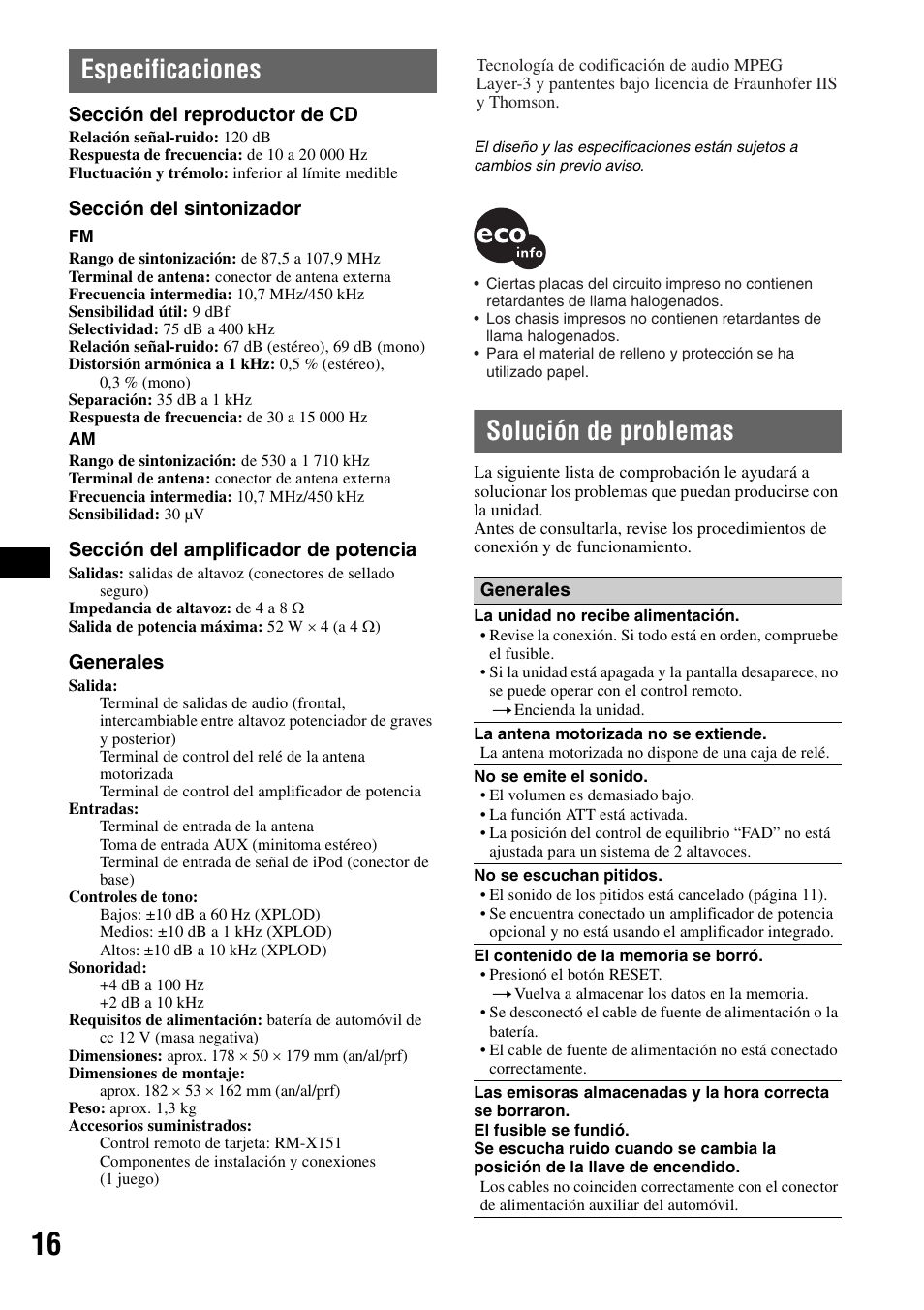 Especificaciones, Solución de problemas, Especificaciones solución de problemas | Sony CDX-GT42IPW User Manual | Page 32 / 36