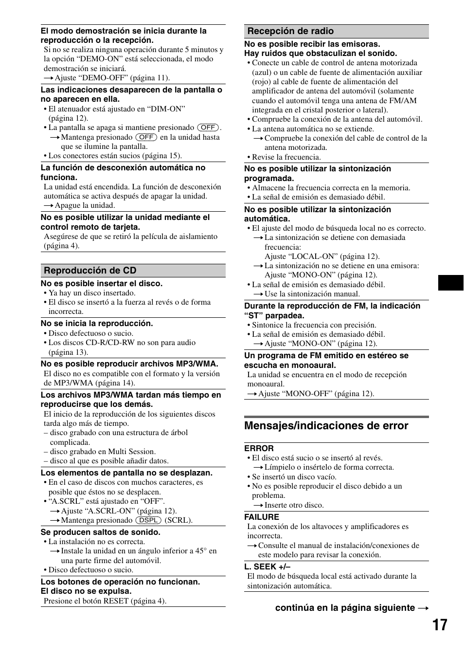 Mensajes/indicaciones de error | Sony CDX-GT42IPW User Manual | Page 33 / 36