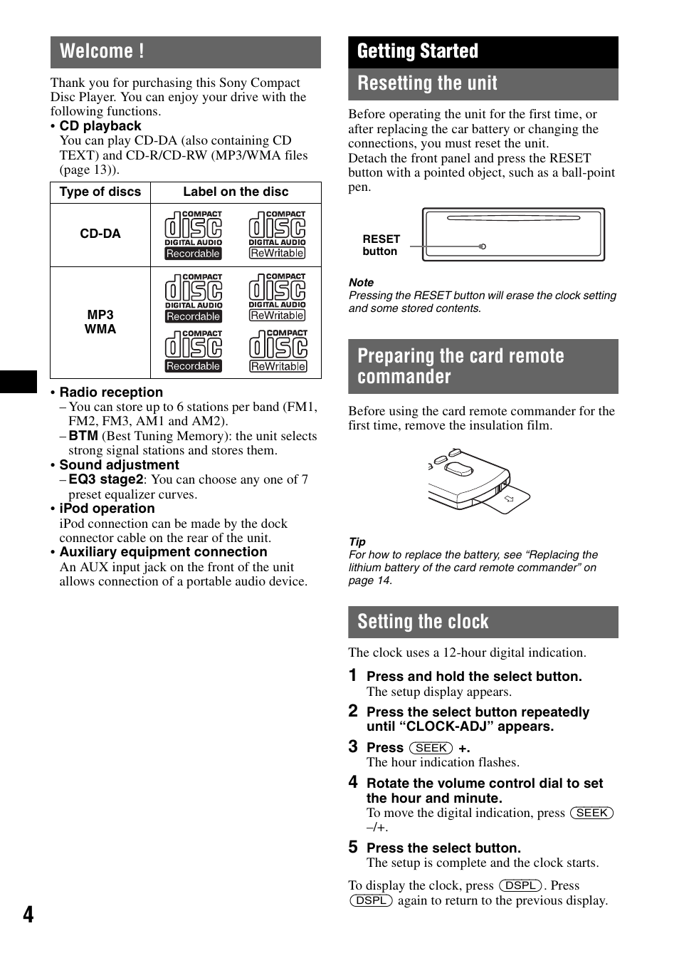 Welcome, Getting started, Resetting the unit | Preparing the card remote commander, Setting the clock, Getting started resetting the unit | Sony CDX-GT42IPW User Manual | Page 4 / 36