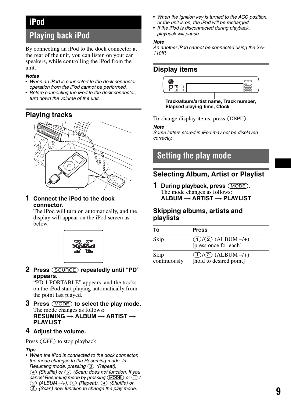 Ipod, Playing back ipod, Playing tracks | Display items, Setting the play mode, Selecting album, artist or playlist, Playing tracks display items, Ipod playing back ipod | Sony CDX-GT42IPW User Manual | Page 9 / 36