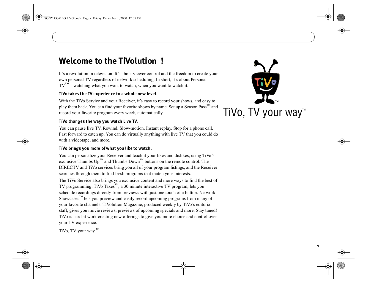 Tivo, tv your way | Sony SAT-T60 User Manual | Page 8 / 152