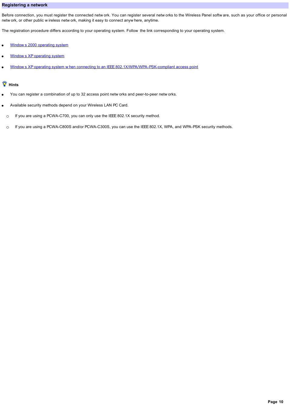 Registering a network, Registering a netw ork | Sony PCWA-C800S User Manual | Page 10 / 81