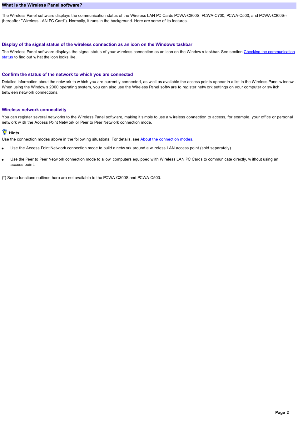 What is the wireless panel software | Sony PCWA-C800S User Manual | Page 2 / 81