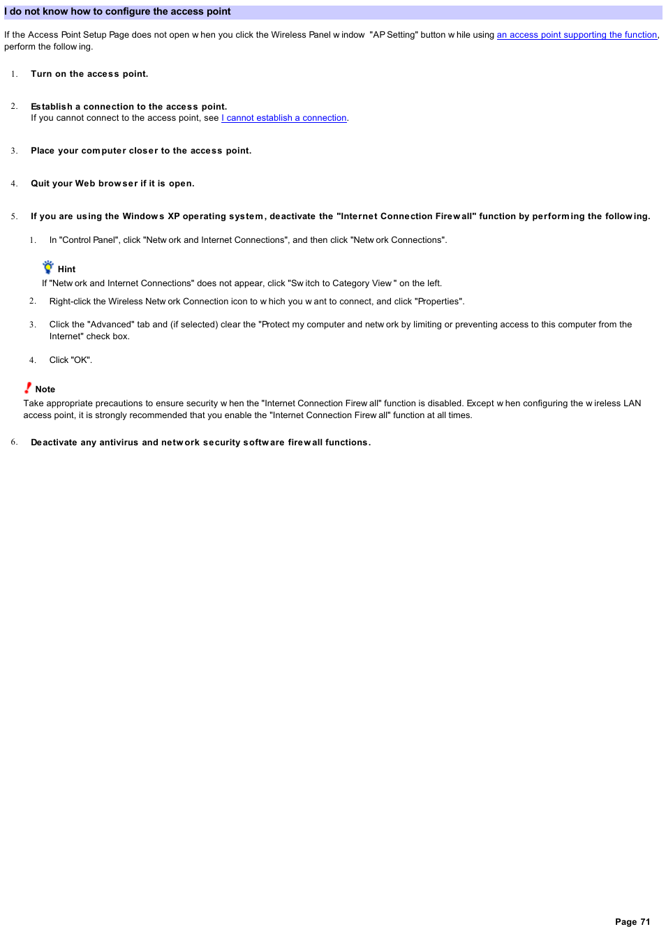 I do not know how to configure the access point | Sony PCWA-C800S User Manual | Page 71 / 81