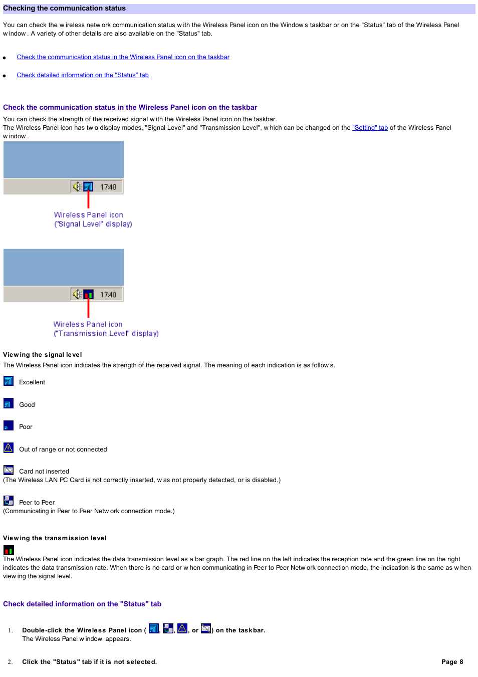 Checking the communication status, Checking the communication, Status | Anel icon, see | Sony PCWA-C800S User Manual | Page 8 / 81