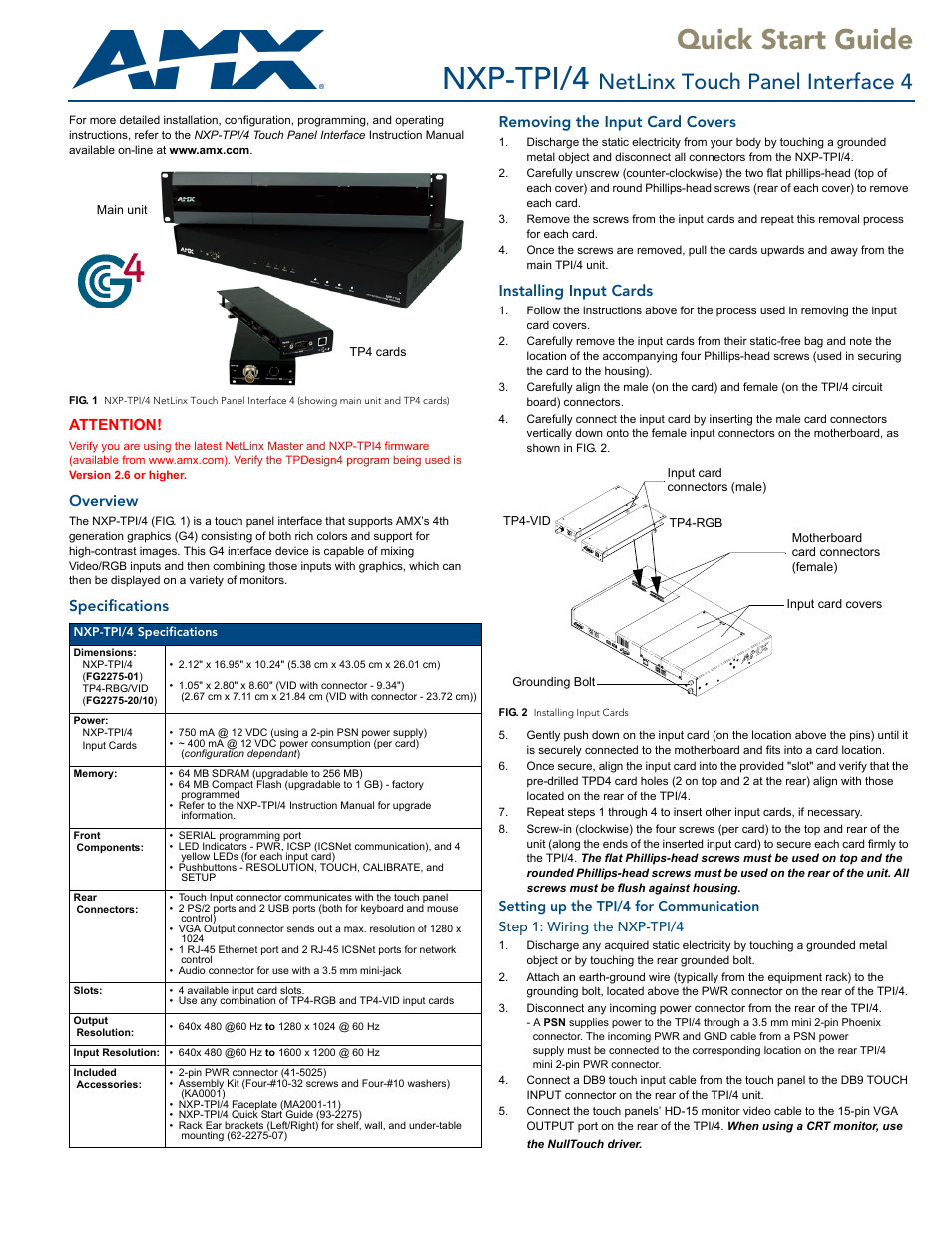 AMX NetLinx Touch Panel Interface 4 NXP-TPI/4 User Manual | 2 pages