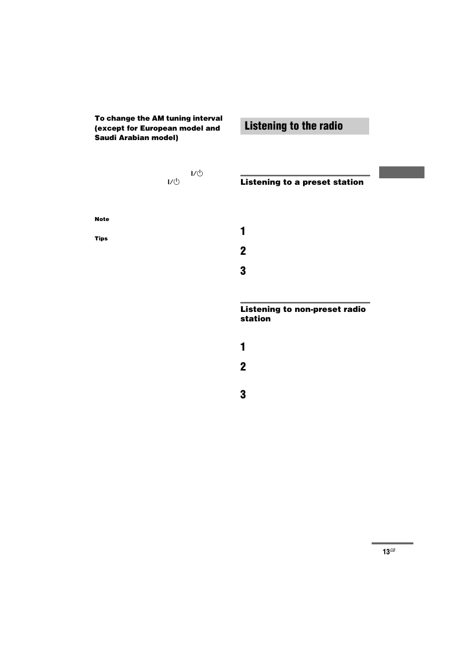 Listening to the radio, Preset tuning — manual tuning | Sony CMT-NE3 User Manual | Page 13 / 32