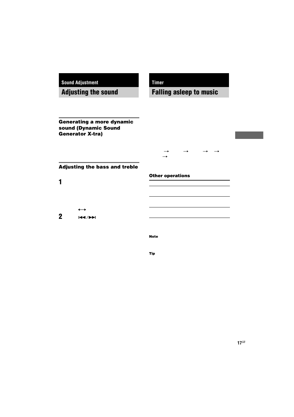 Adjusting the sound, Falling asleep to music, Sound adjustment | Timer, Sleep timer | Sony CMT-NE3 User Manual | Page 17 / 32