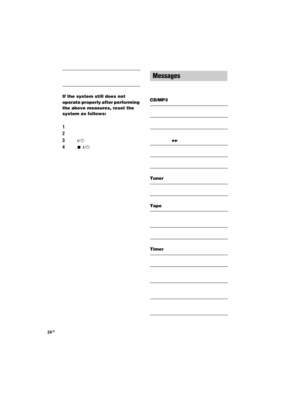 1 disconnect the power cord, 2 reconnect the power cord, 3 press ?/1 to turn on the system | Messages | Sony CMT-NE3 User Manual | Page 24 / 32