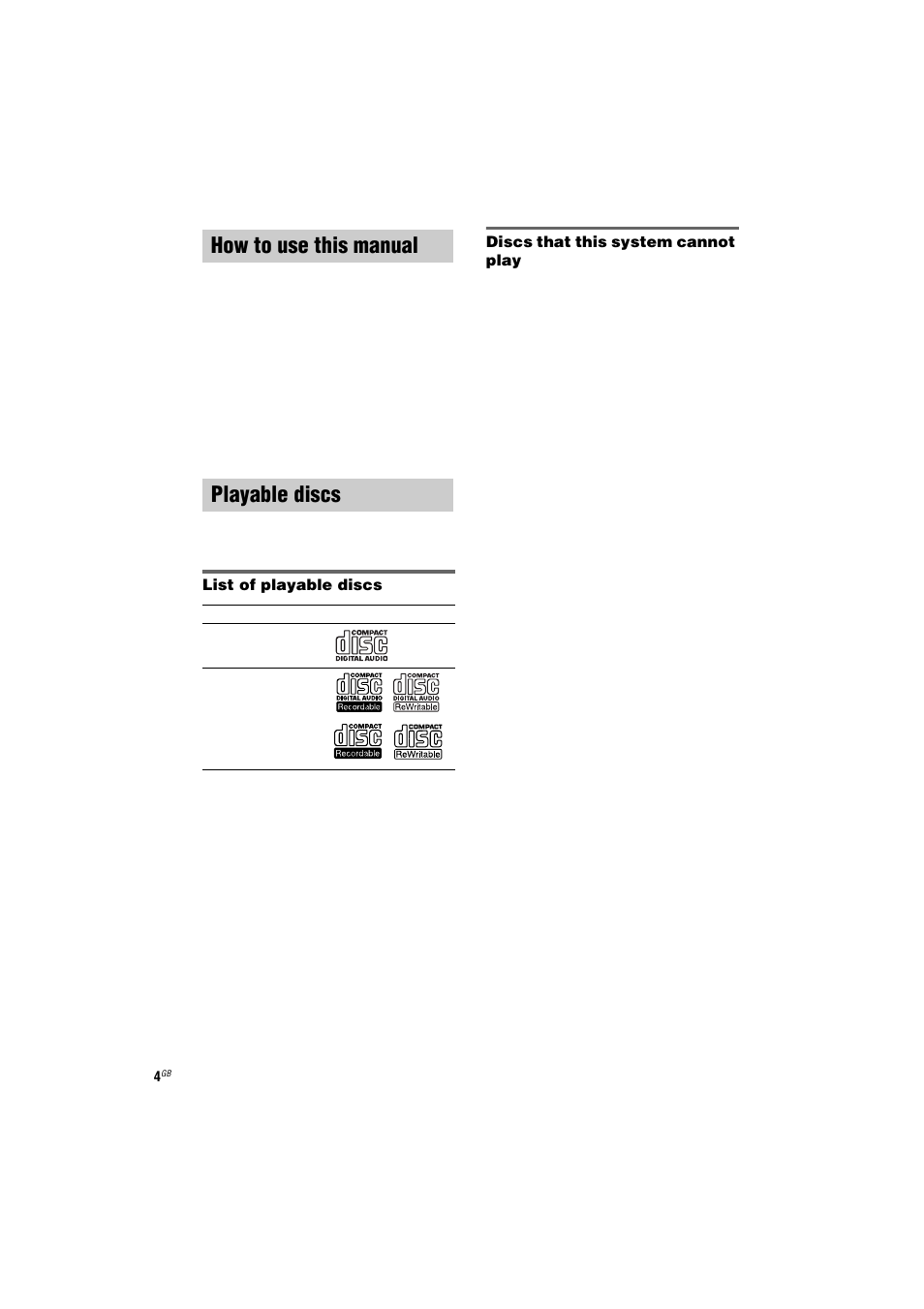 How to use this manual, Playable discs, How to use this manual playable discs | Sony CMT-NE3 User Manual | Page 4 / 32