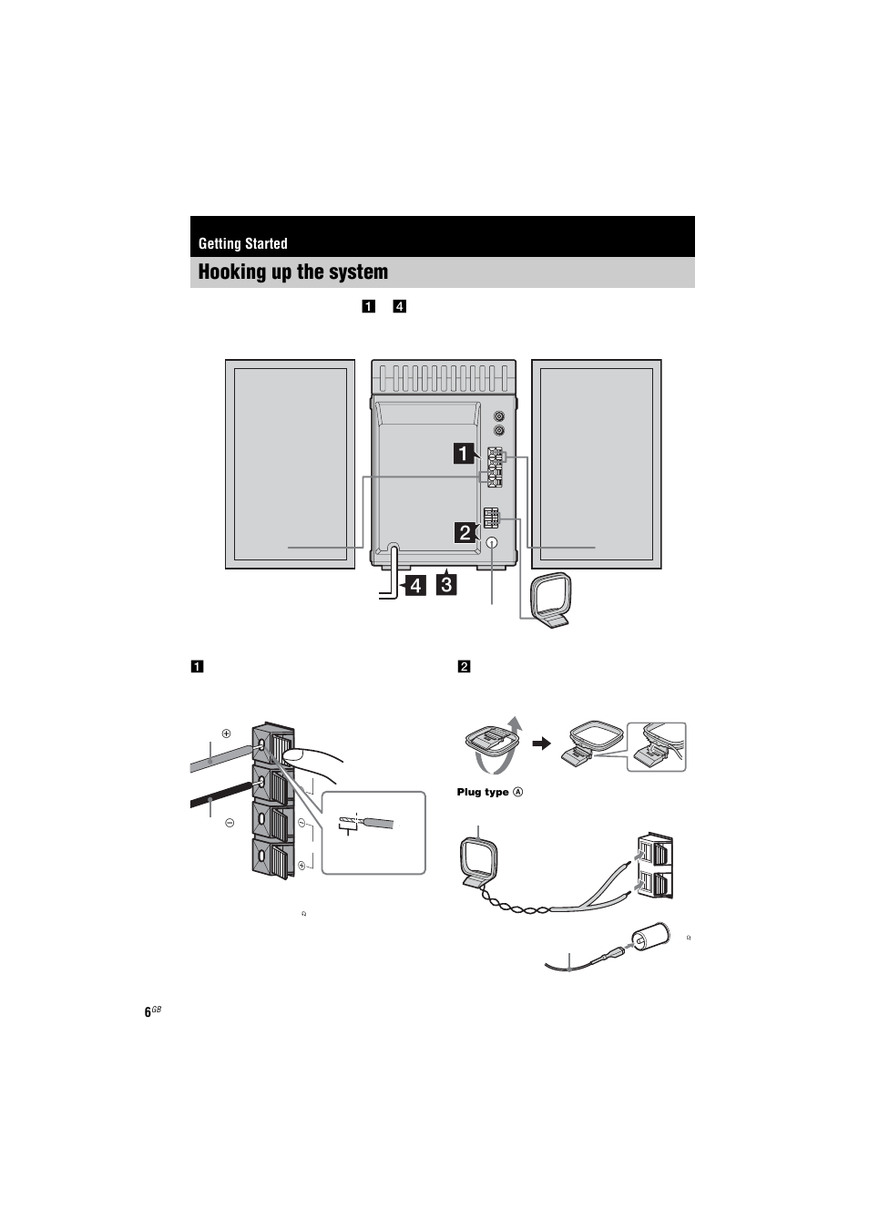 Hooking up the system, 1 connect the speakers, 2 connect the fm and am antennas | Getting started | Sony CMT-NE3 User Manual | Page 6 / 32