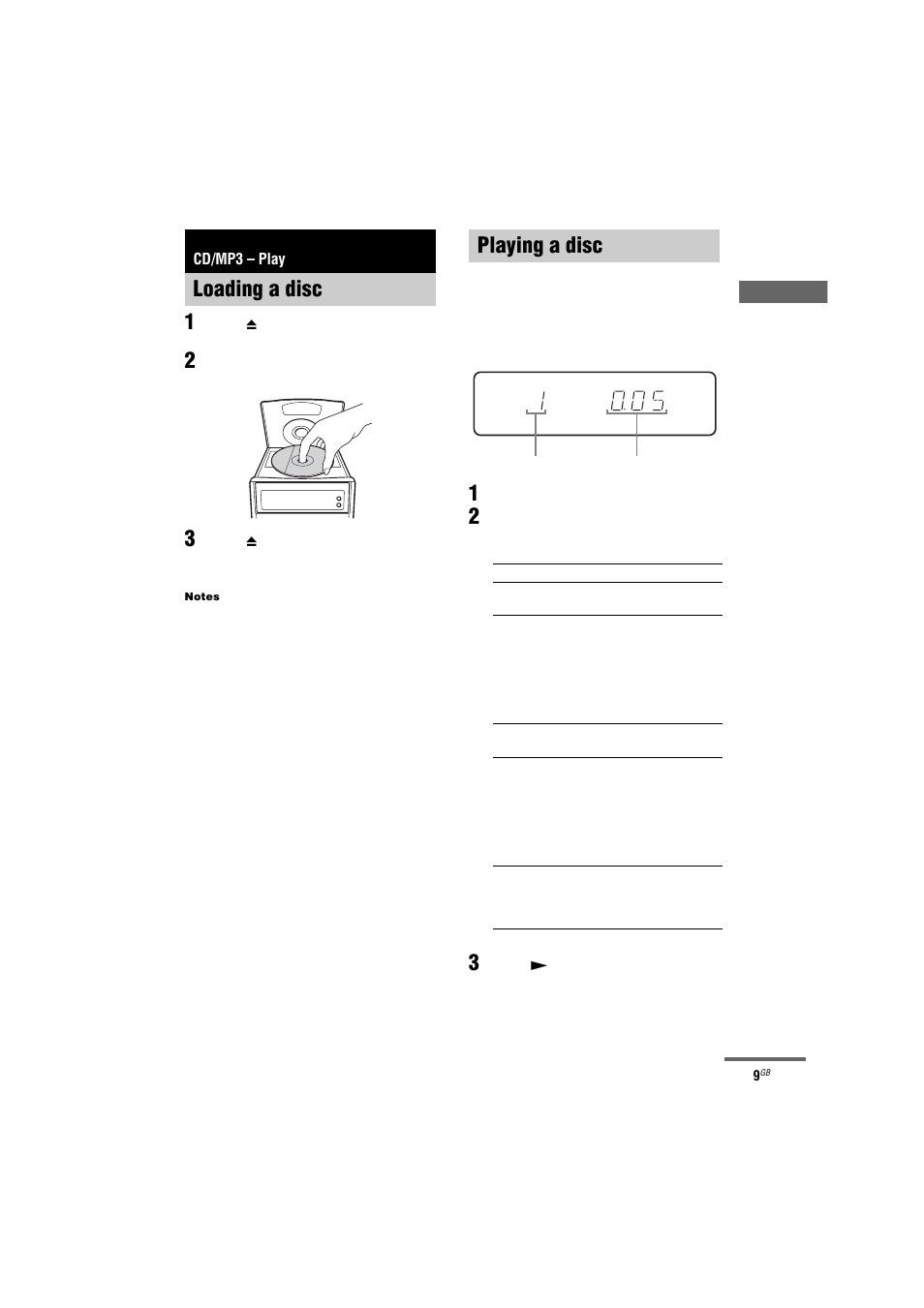 Loading a disc, 1 press z push open/close on the unit, Playing a disc | 1 press cd to switch the function to cd, 3 press n, Cd/mp3 – play, Loading a disc playing a disc, Normal play/shuffle play | Sony CMT-NE3 User Manual | Page 9 / 32