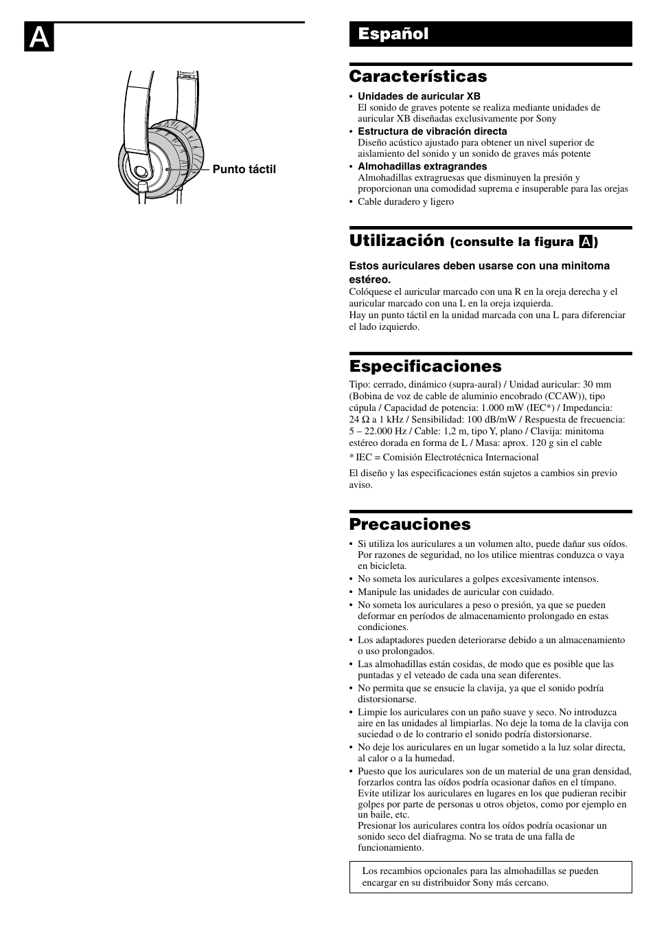 Español características, Utilización, Especificaciones | Precauciones | Sony MDR-XB300 User Manual | Page 2 / 2