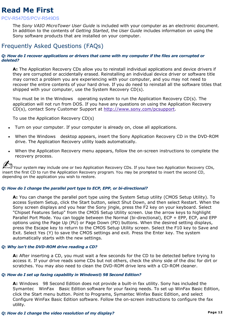 Supplementary information, Read me first, Frequently asked questions (faqs) | Sony PCV-R549DS User Manual | Page 12 / 514