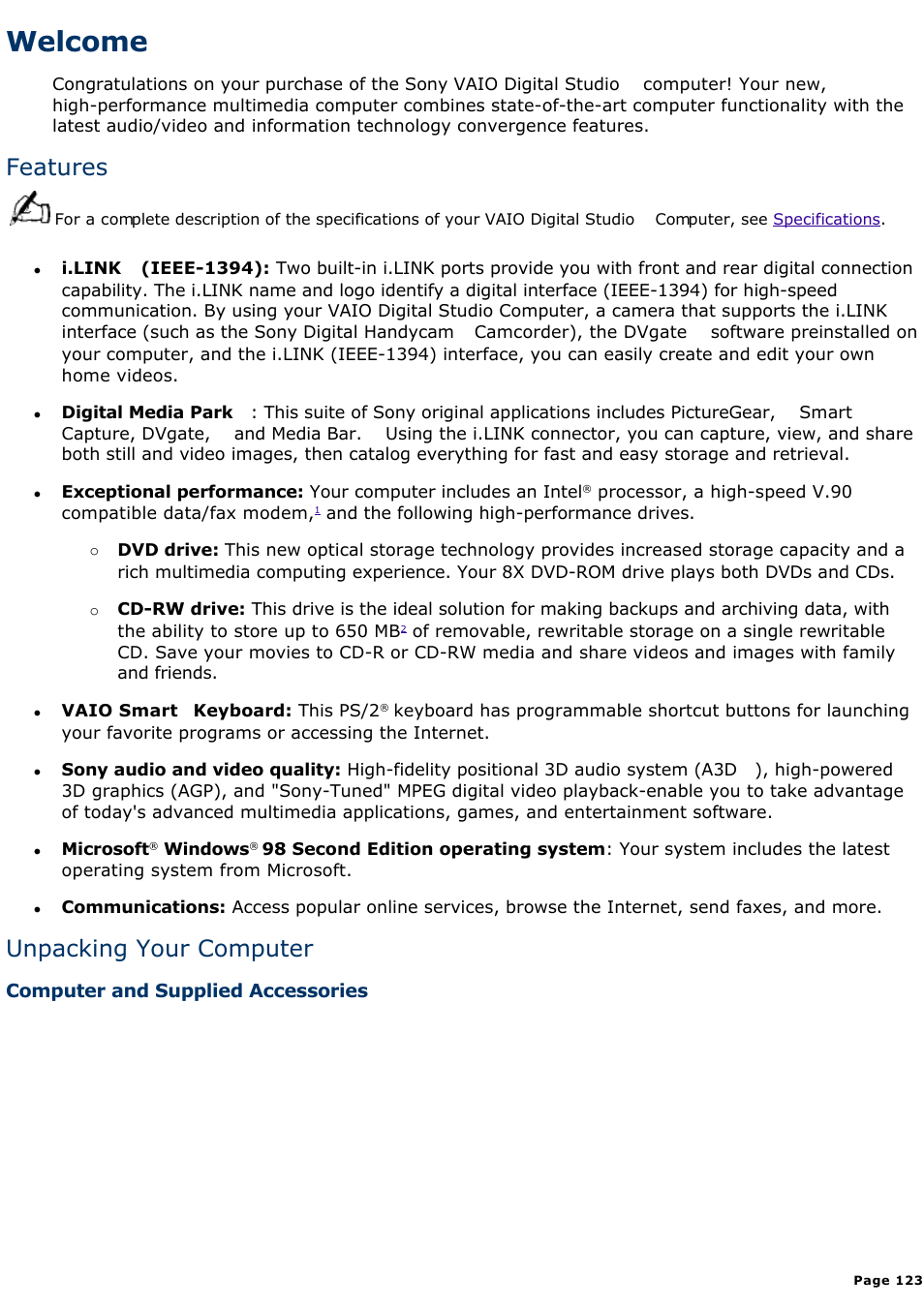 Front panel overview, Welcome, Features | Unpacking your computer | Sony PCV-R549DS User Manual | Page 123 / 514