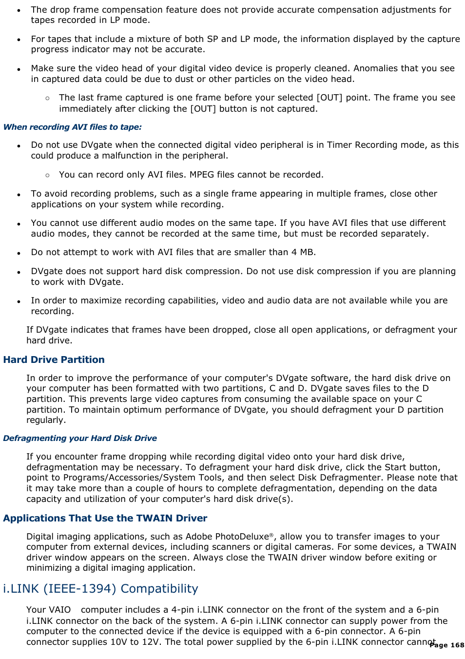 I.link (ieee-1394) compatibility | Sony PCV-R549DS User Manual | Page 168 / 514