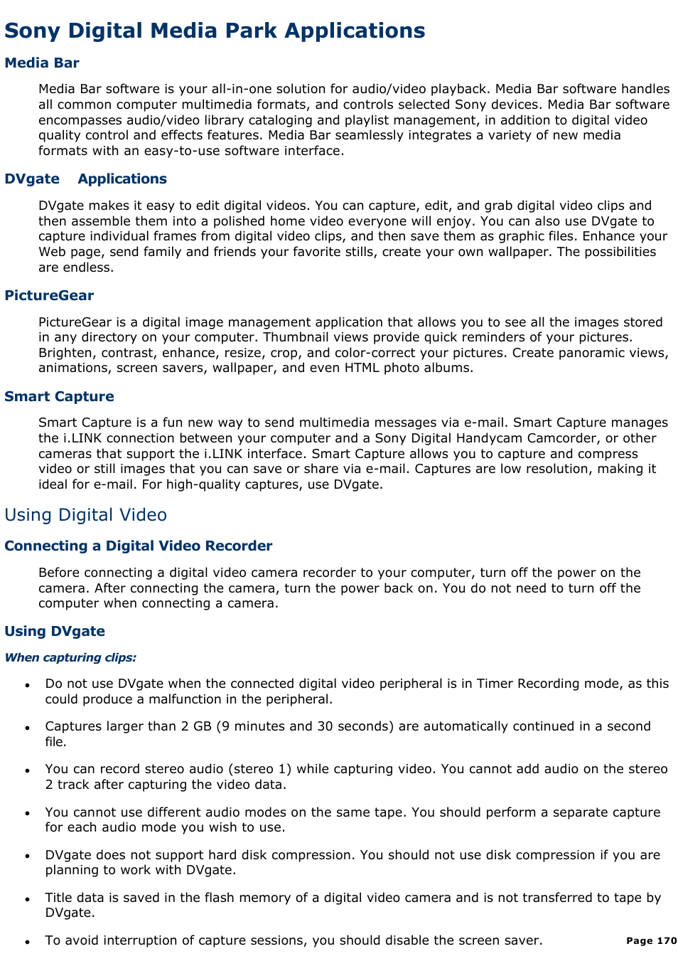 Media bar, Sony digital media park applications, Using digital video | Sony PCV-R549DS User Manual | Page 170 / 514