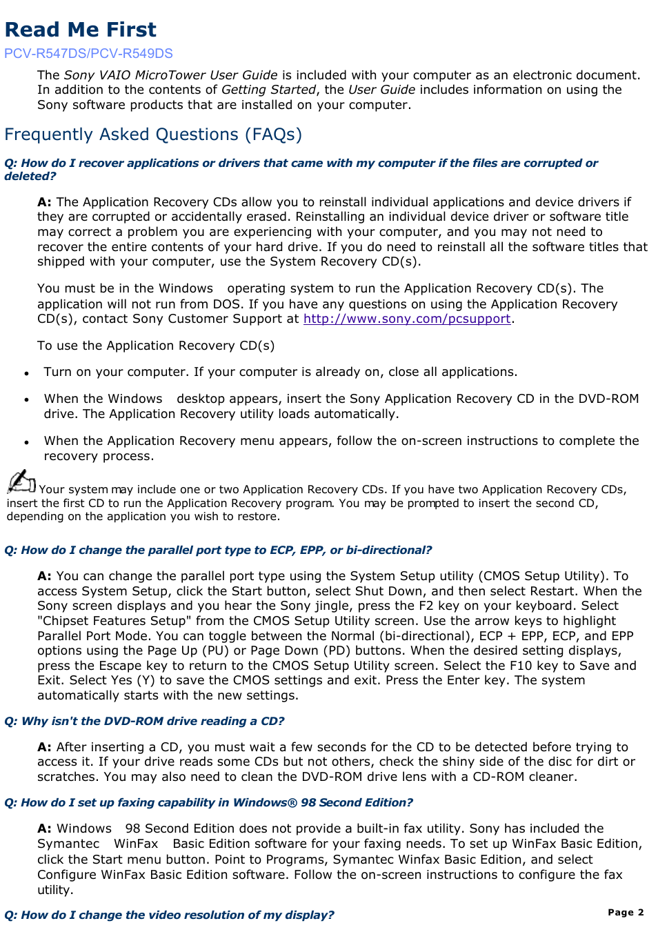 Read me first, Frequently asked questions (faqs) | Sony PCV-R549DS User Manual | Page 2 / 514