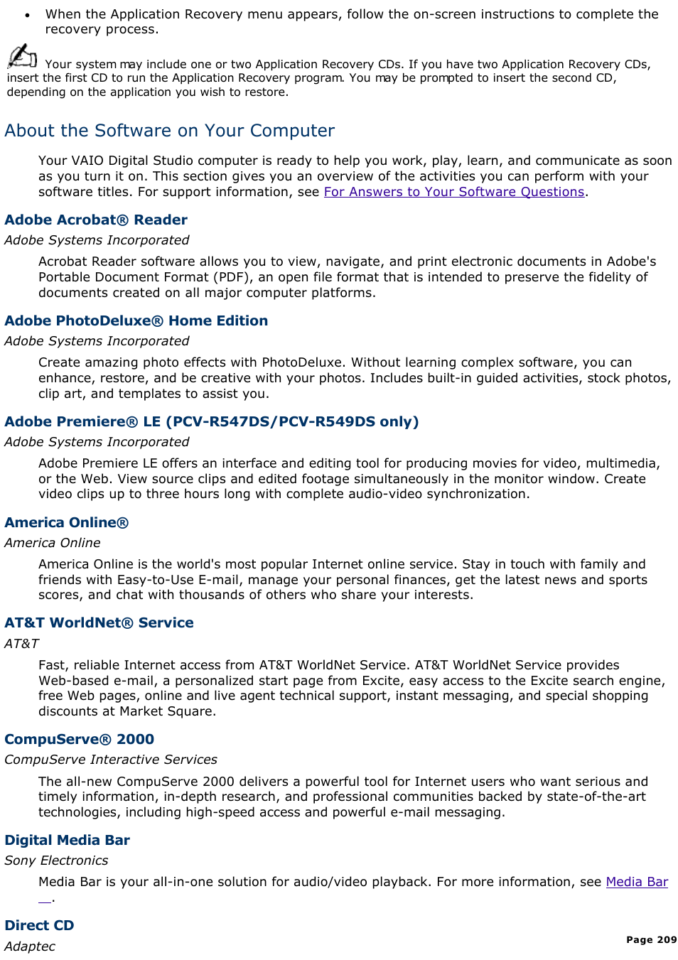 About the software on your computer | Sony PCV-R549DS User Manual | Page 209 / 514