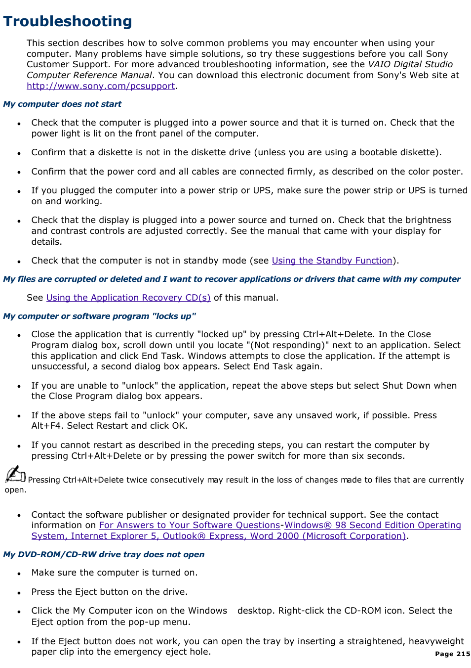 Using the system recovery cd(s), Troubleshooting | Sony PCV-R549DS User Manual | Page 215 / 514