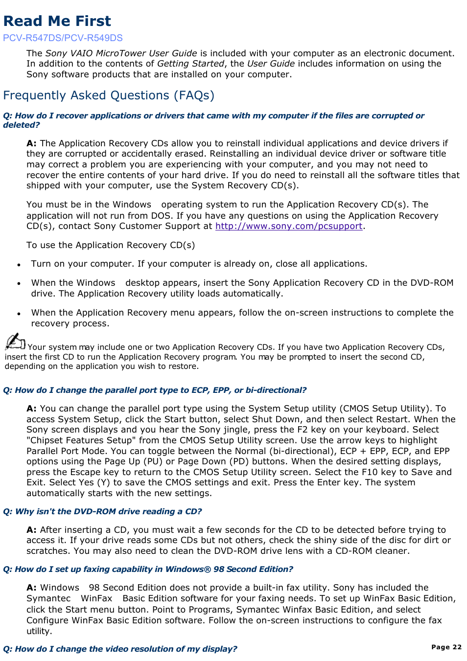 Recovering microsoft® word 2000, Read me first, Frequently asked questions (faqs) | Sony PCV-R549DS User Manual | Page 22 / 514