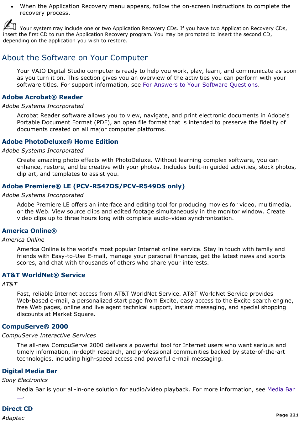 About the software on your computer | Sony PCV-R549DS User Manual | Page 221 / 514