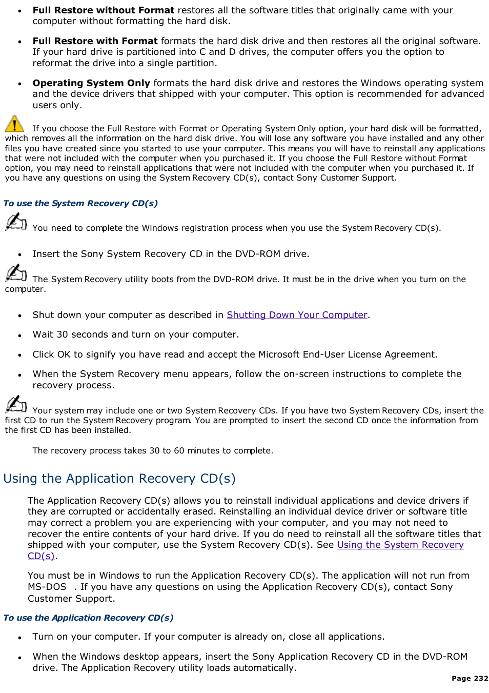 Using the application recovery cd(s) | Sony PCV-R549DS User Manual | Page 232 / 514