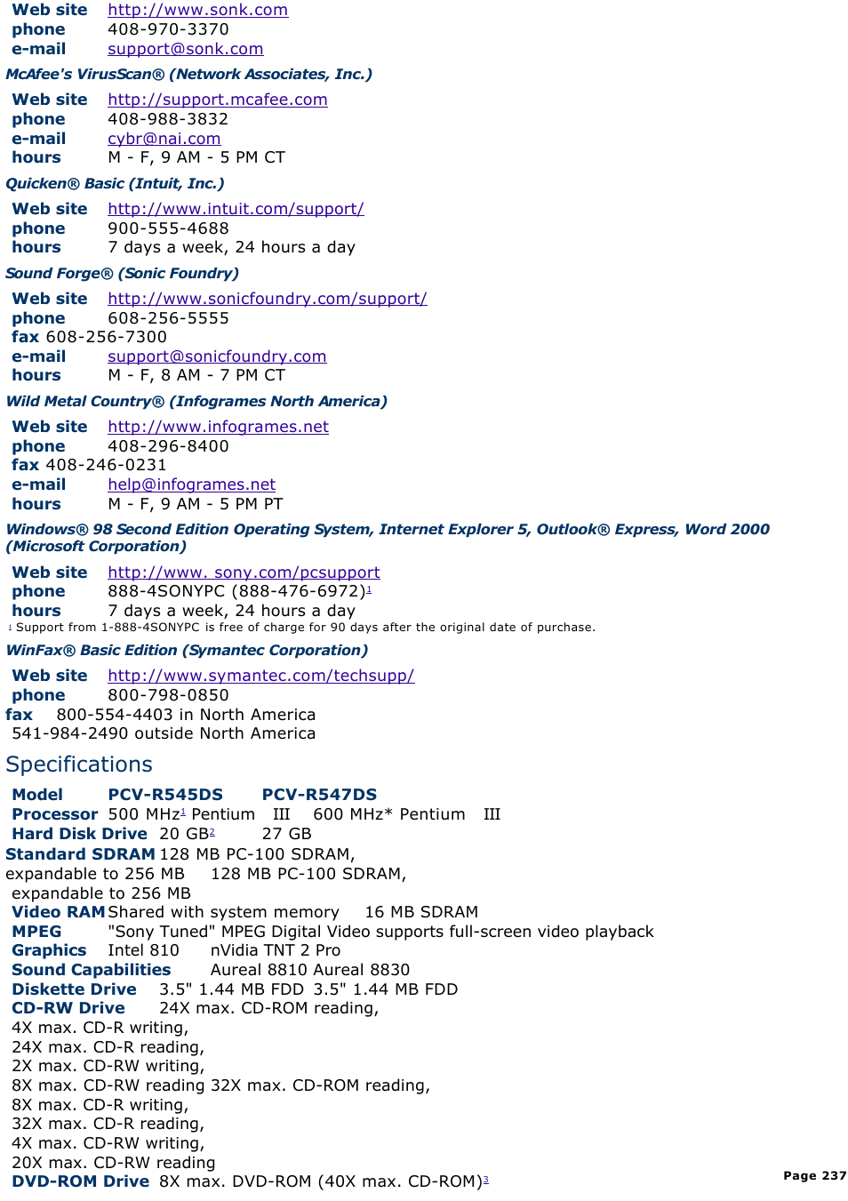 Specifications | Sony PCV-R549DS User Manual | Page 237 / 514