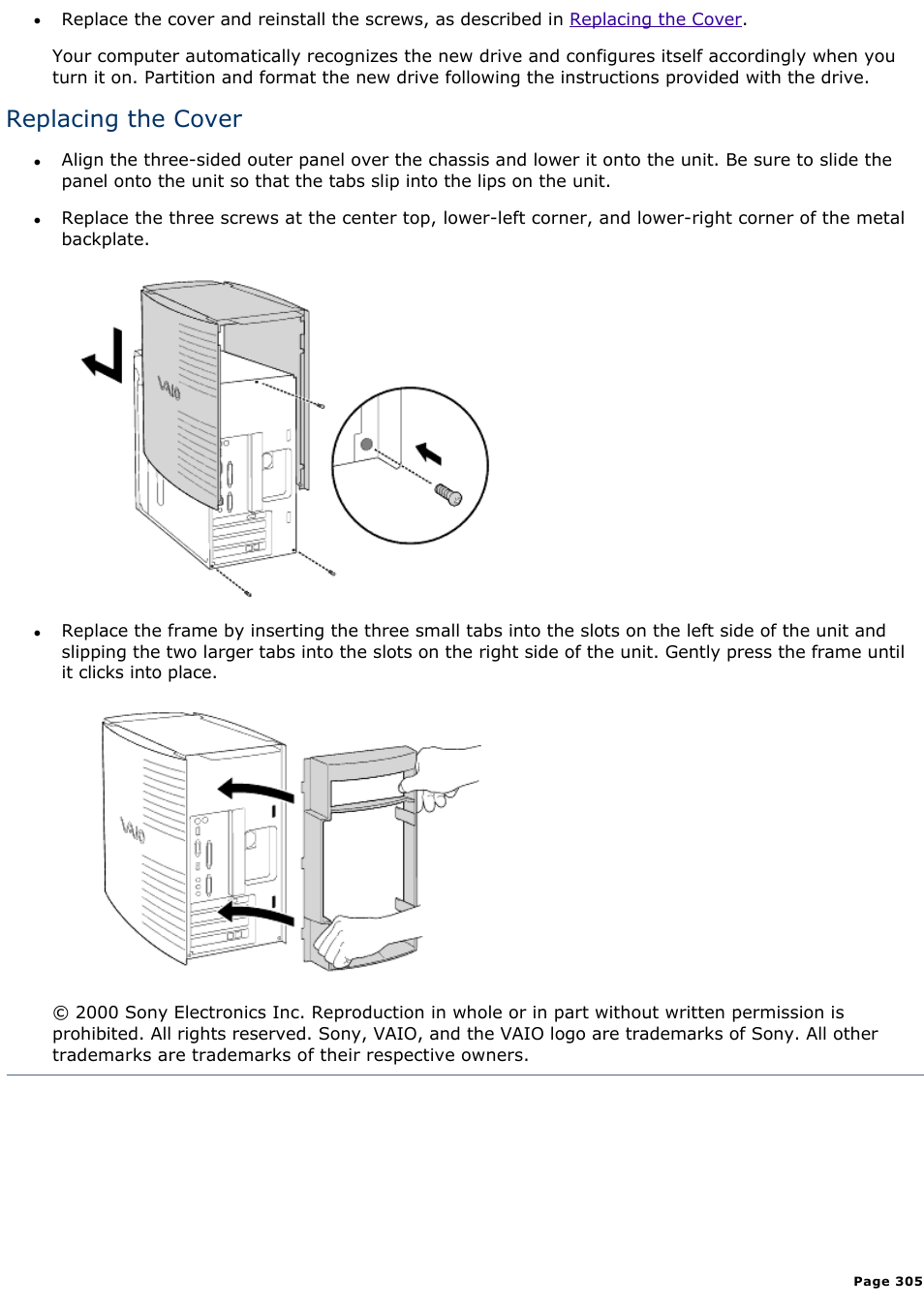 Replacing the cover | Sony PCV-R549DS User Manual | Page 305 / 514