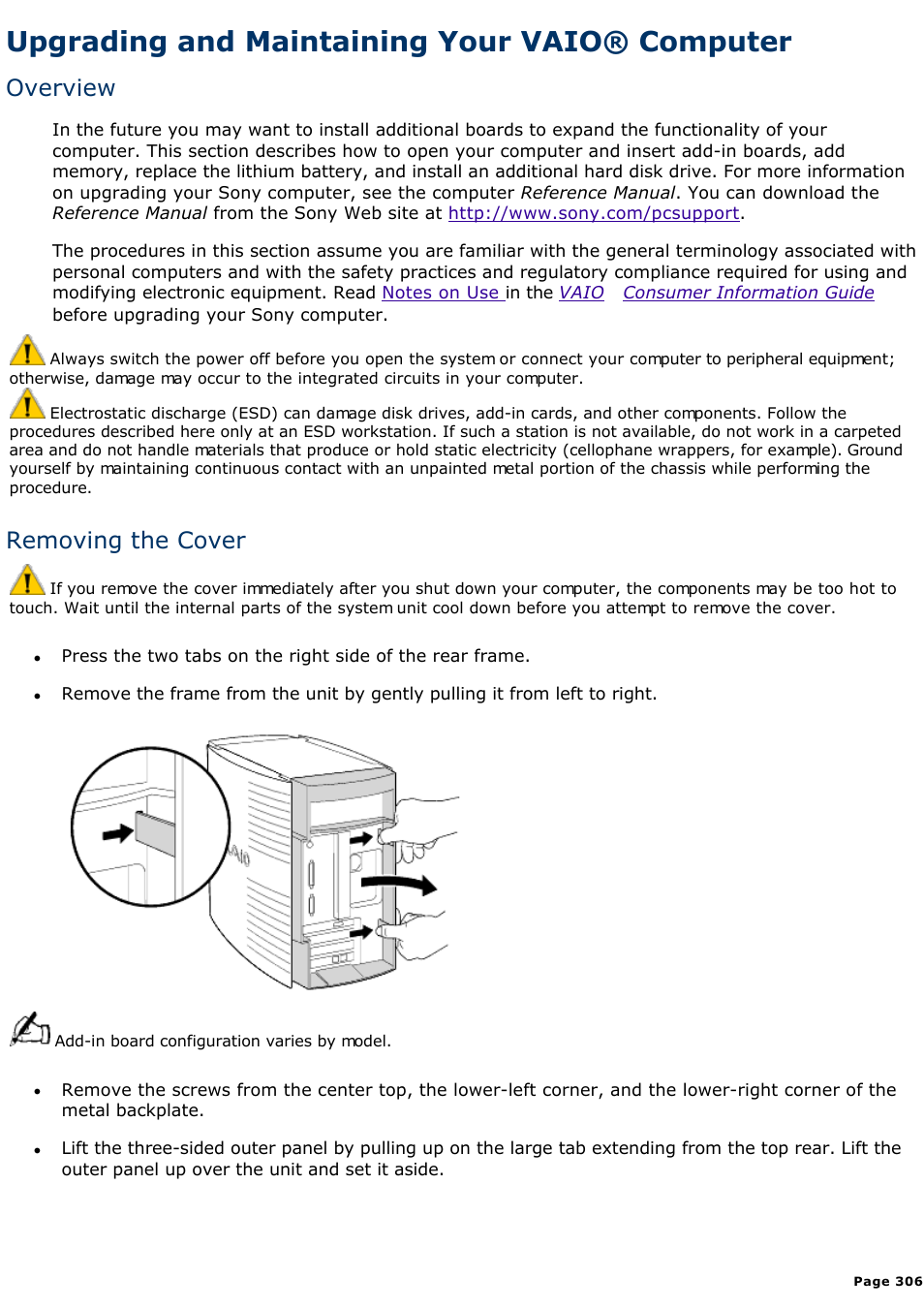 Overview, Upgrading and maintaining your vaio® computer, Removing the cover | Sony PCV-R549DS User Manual | Page 306 / 514