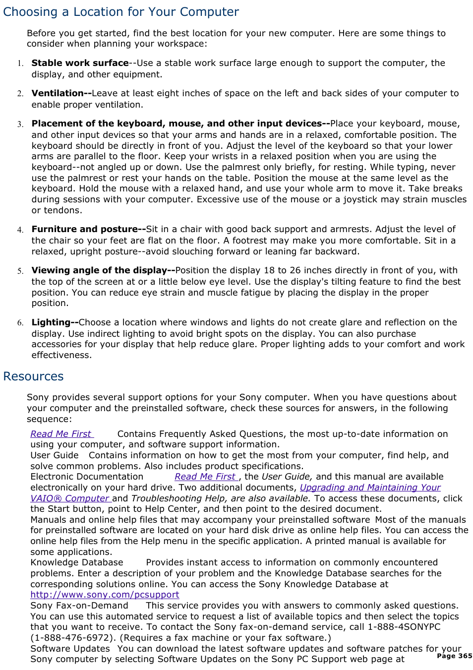 Choosing a location for your computer, Resources | Sony PCV-R549DS User Manual | Page 365 / 514