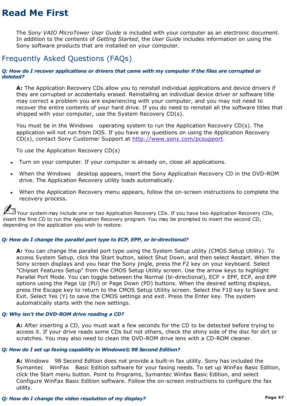 Switching between ntsc and pal standards, Read me first, Frequently asked questions (faqs) | Sony PCV-R549DS User Manual | Page 47 / 514