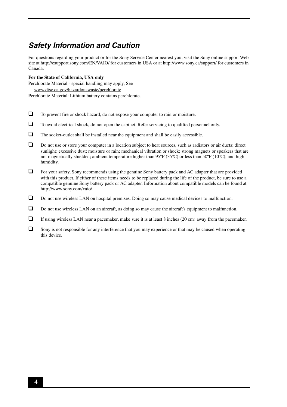 Safety information and caution | Sony VGC-JS320J User Manual | Page 4 / 16