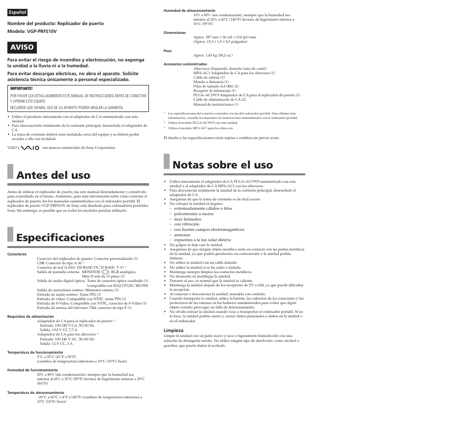 Antes del uso, Especificaciones, Notas sobre el uso | Aviso | Sony VGP-PRFS10V User Manual | Page 2 / 2