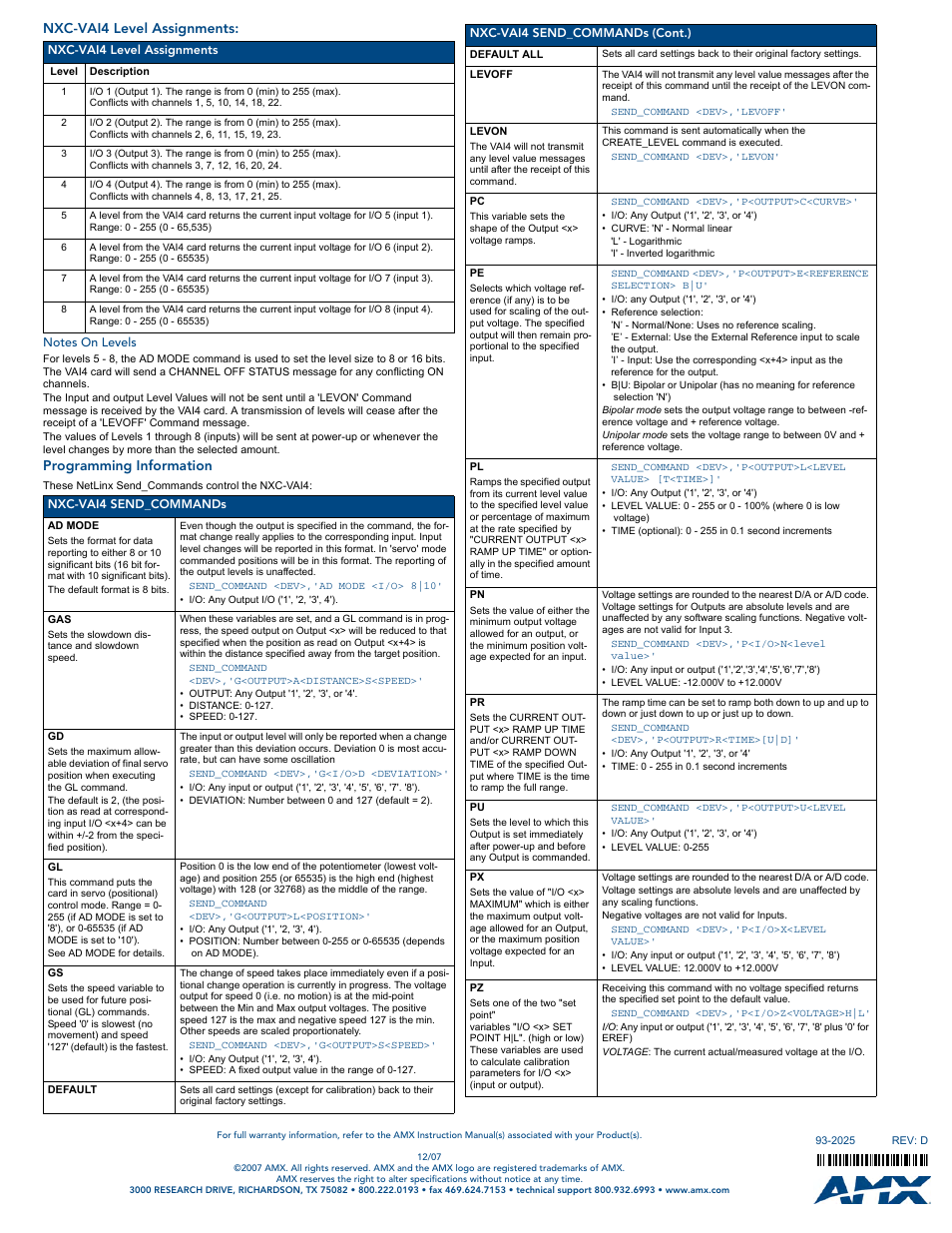 Nxc-vai4 level assignments, Notes on levels, Programming information | AMX Voltage Output/Analog Input Card NXC-VAI4 User Manual | Page 2 / 2