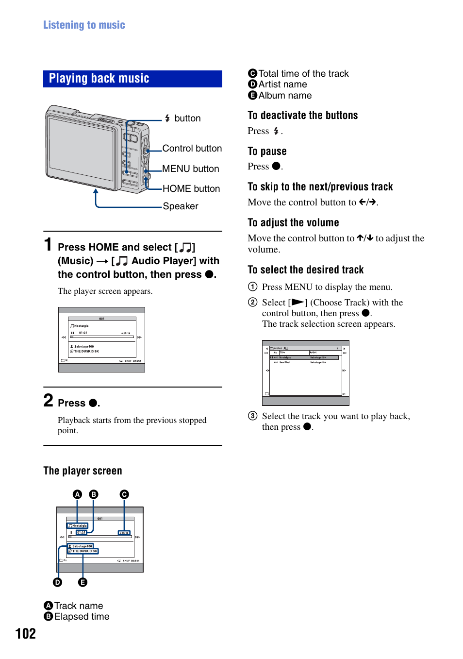 Playing back music | Sony DSC-G1 User Manual | Page 102 / 125
