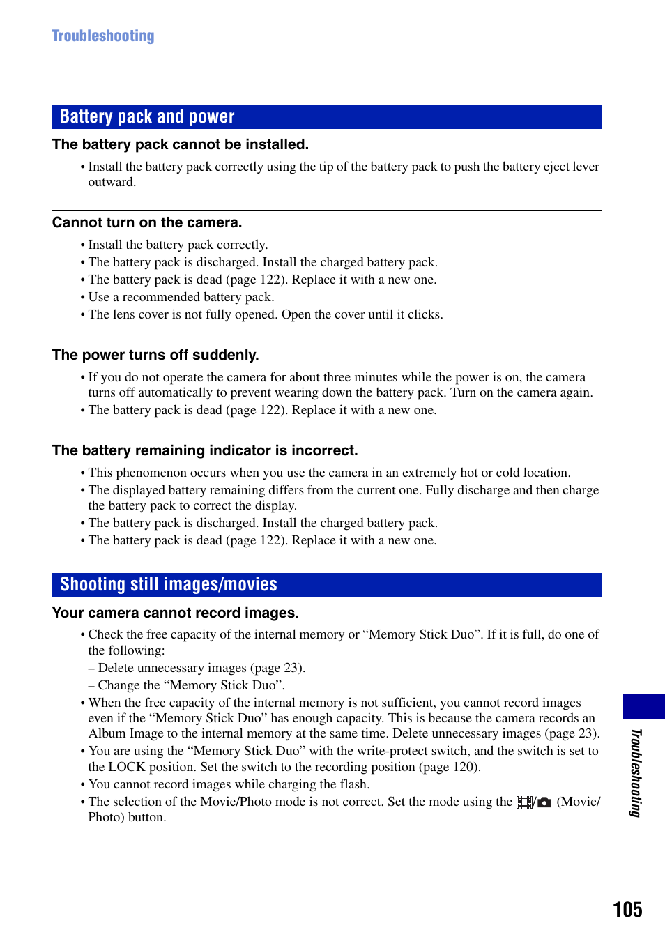 Ages 105 to, Battery pack and power, Shooting still images/movies | Sony DSC-G1 User Manual | Page 105 / 125