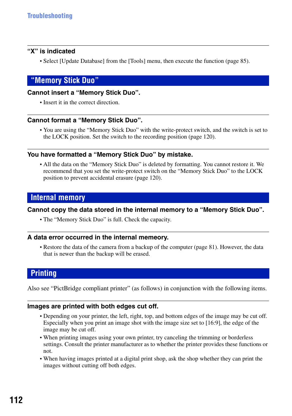 Memory stick duo, Internal memory, Printing | Sony DSC-G1 User Manual | Page 112 / 125