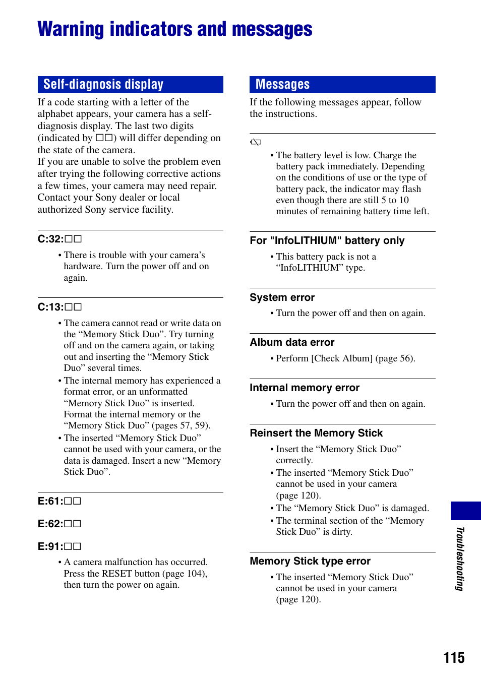 Warning indicators and messages, Self-diagnosis display messages | Sony DSC-G1 User Manual | Page 115 / 125