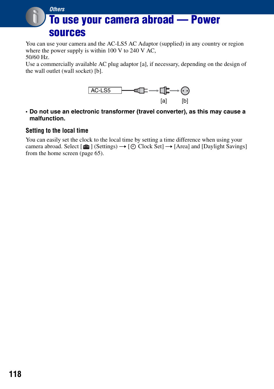 Others, To use your camera abroad - power sources, To use your camera abroad — power sources | Sony DSC-G1 User Manual | Page 118 / 125