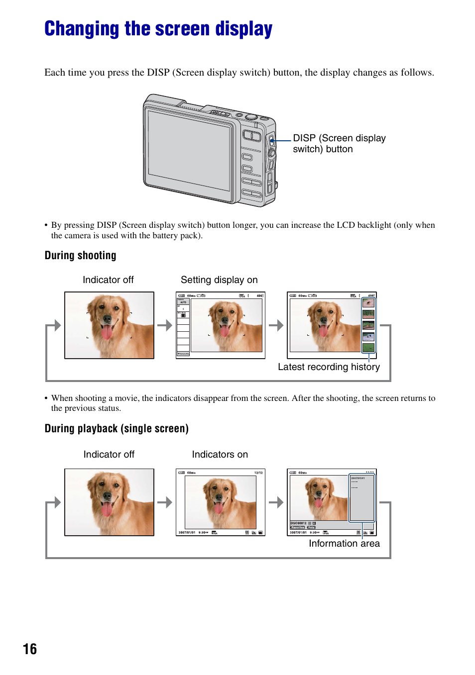 Changing the screen display | Sony DSC-G1 User Manual | Page 16 / 125