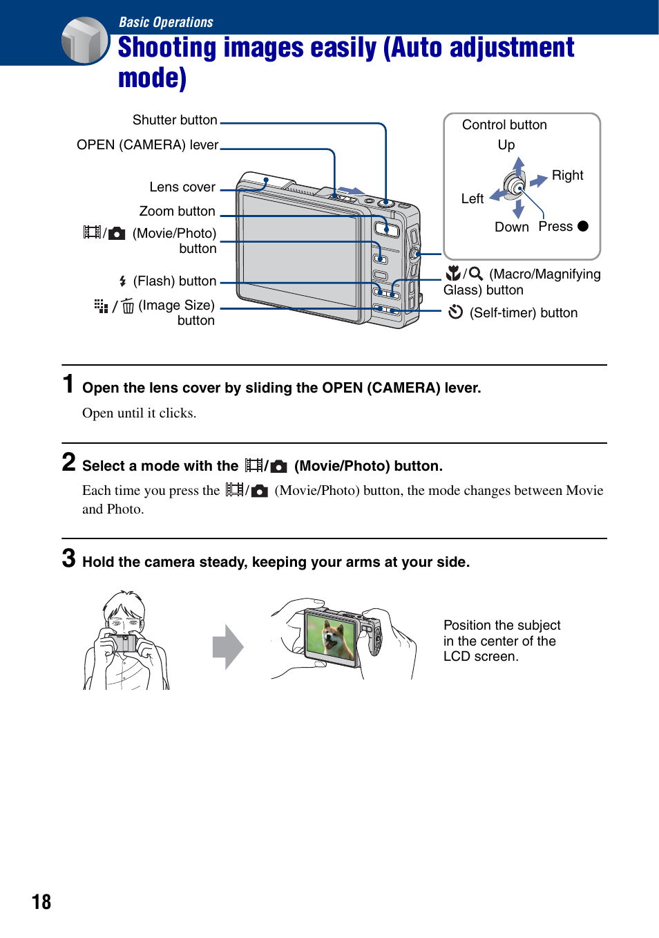 Basic operations, Shooting images easily (auto adjustment mode), On (18) | Sony DSC-G1 User Manual | Page 18 / 125