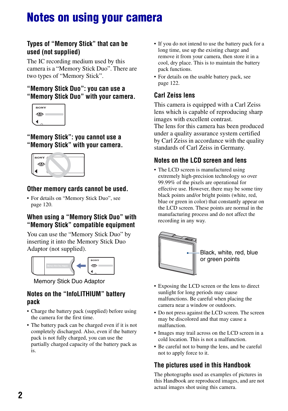 Notes on using your camera | Sony DSC-G1 User Manual | Page 2 / 125