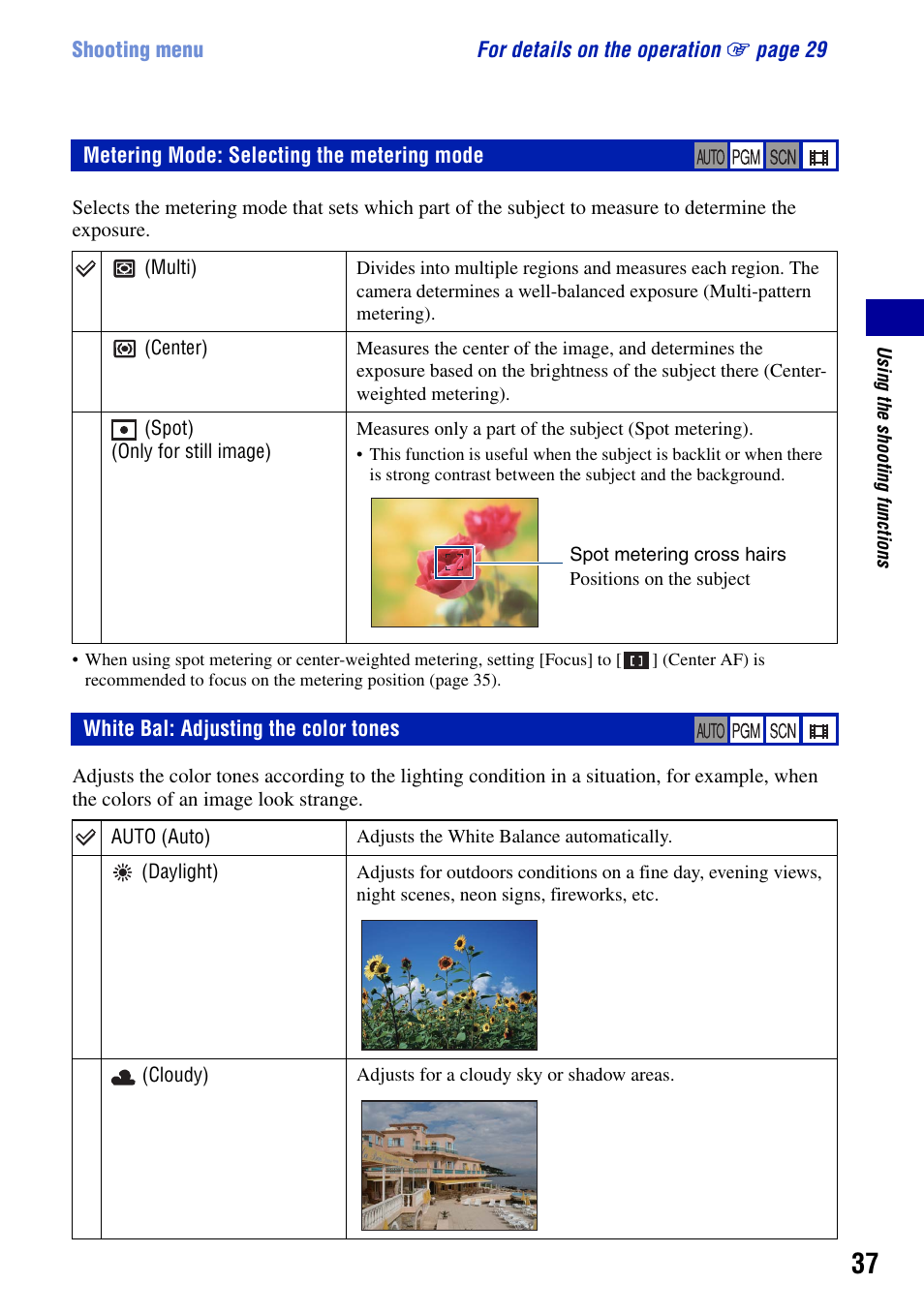 Metering mode: selecting the metering mode, White bal: adjusting the color tones | Sony DSC-G1 User Manual | Page 37 / 125