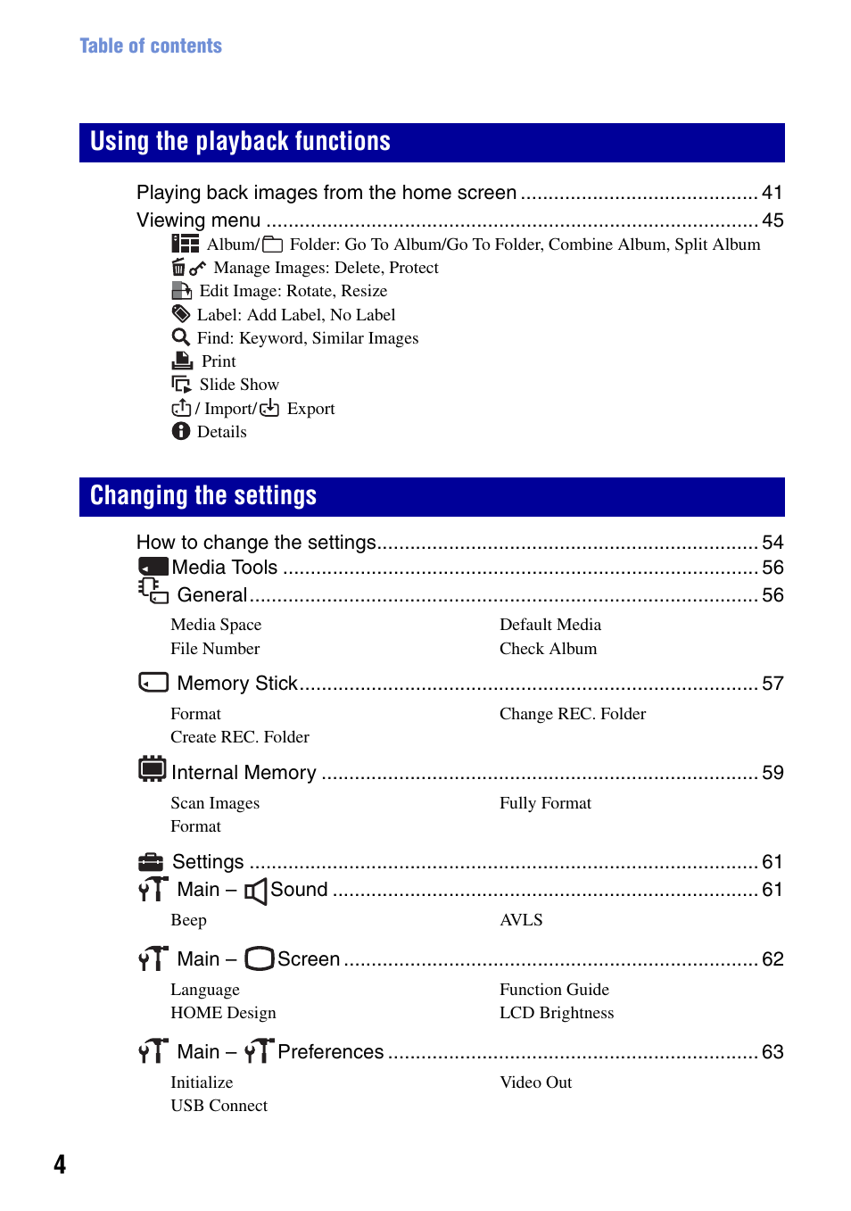 Using the playback functions changing the settings | Sony DSC-G1 User Manual | Page 4 / 125