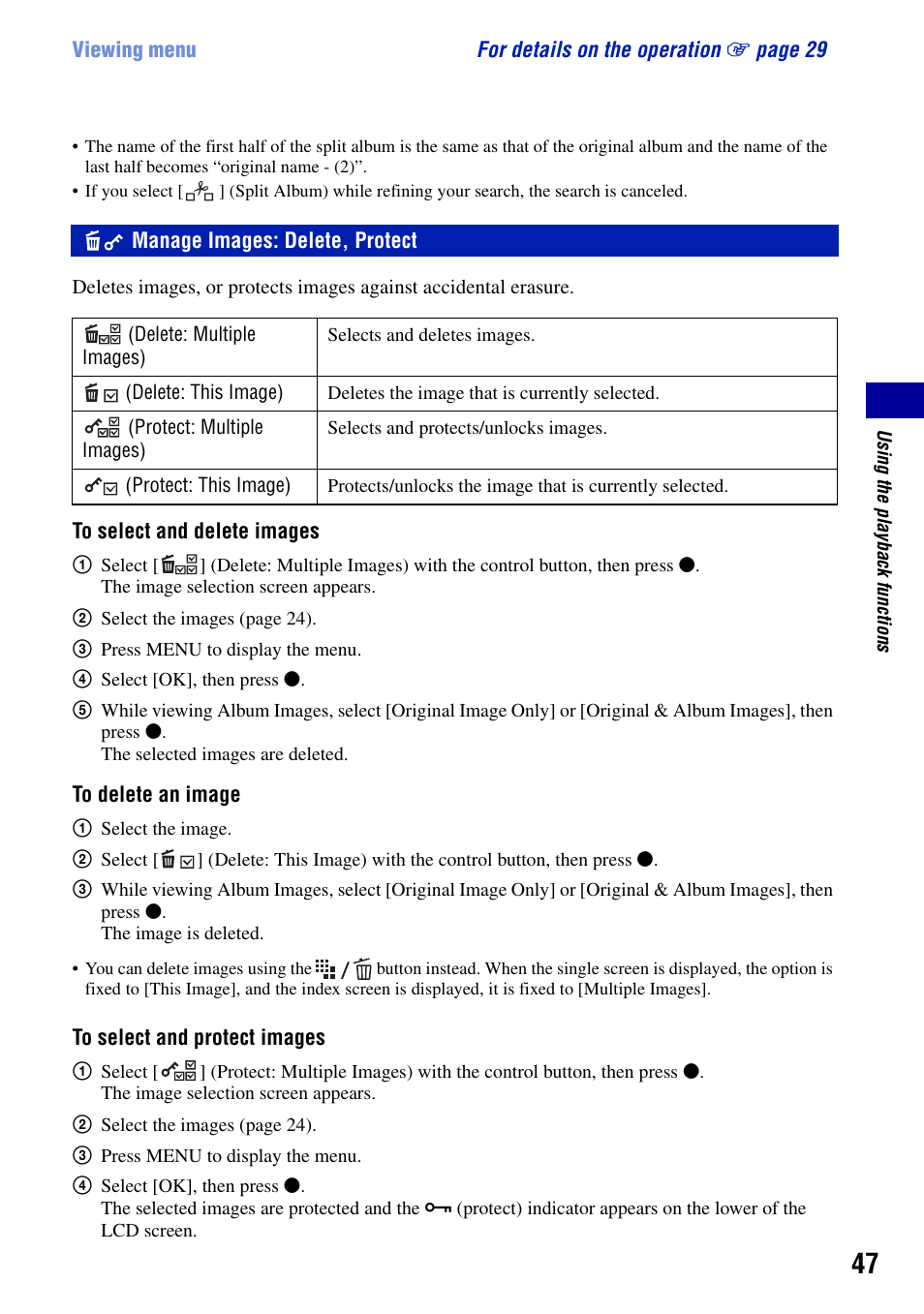 Manage images: delete, protect | Sony DSC-G1 User Manual | Page 47 / 125