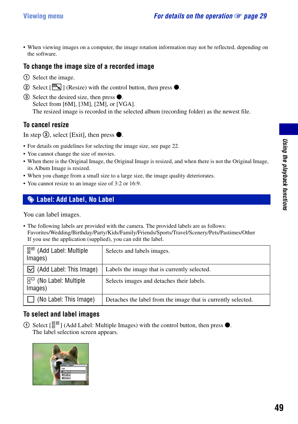 Label: add label, no label | Sony DSC-G1 User Manual | Page 49 / 125