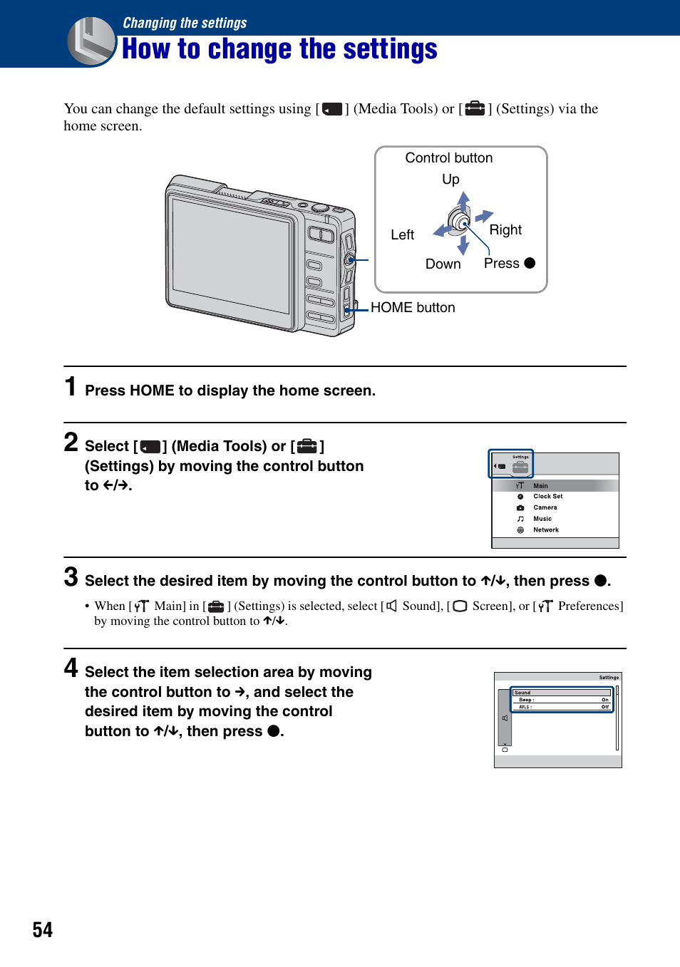 Changing the settings, How to change the settings | Sony DSC-G1 User Manual | Page 54 / 125