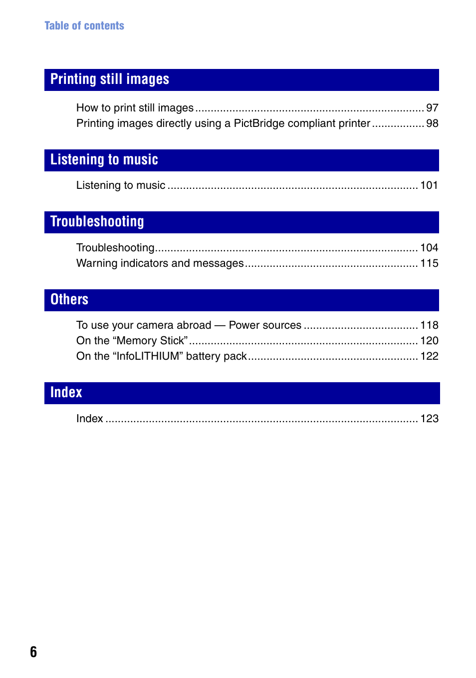 Sony DSC-G1 User Manual | Page 6 / 125