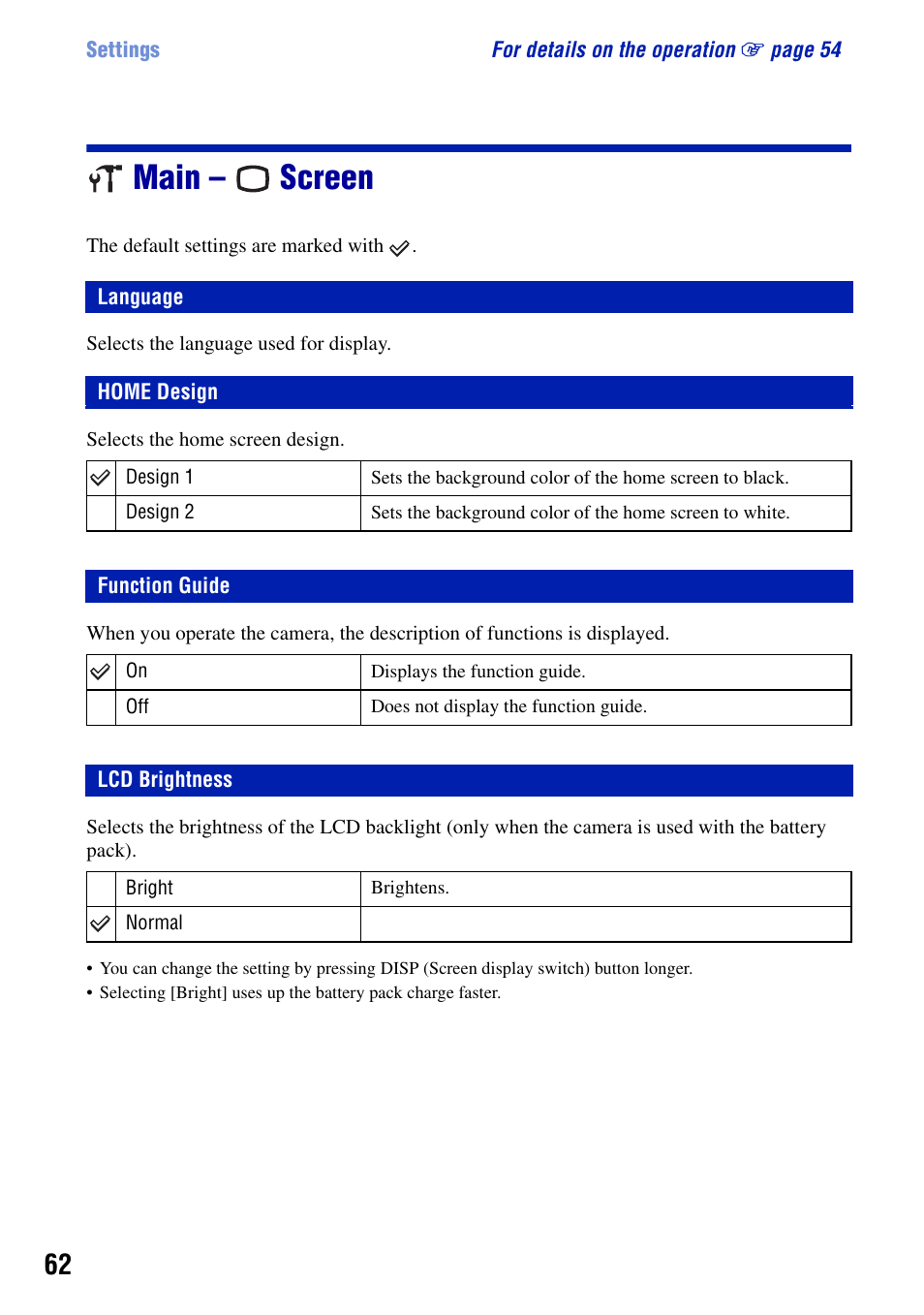 Main - screen, Language, Home design | Function guide, Lcd brightness, Language home design, Function guide lcd brightness, Main – screen | Sony DSC-G1 User Manual | Page 62 / 125